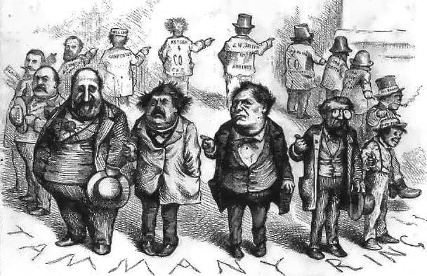 Thomas Nast’s 1871 cartoon showing Boss Tweed and his Tammany Ring standing in a circle, each man pointing at the next to dodge the blame.