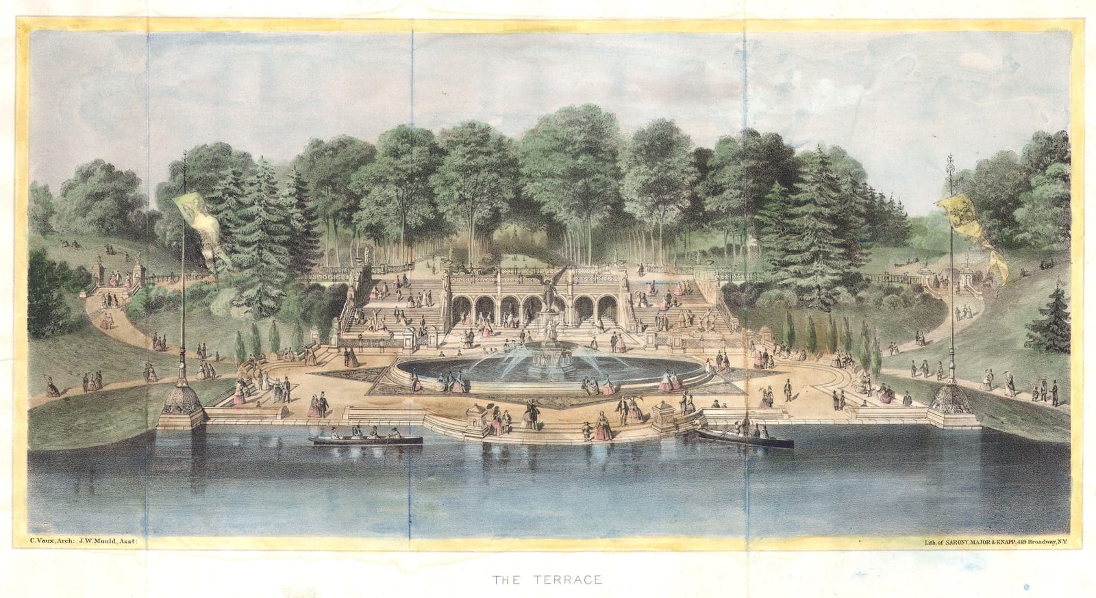 An 1869 color lithograph of crowds at Bethesda Terrace and the fountain in Central Park.