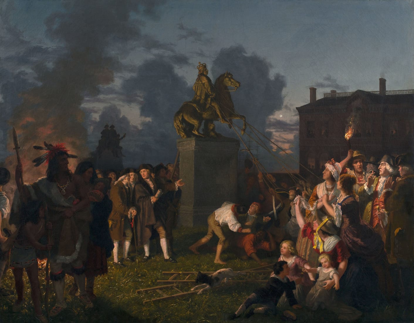 A 19th-century painting of colonists and soldiers using ropes to topple a gilded equestrian statue of King George III at Bowling Green in 1776.