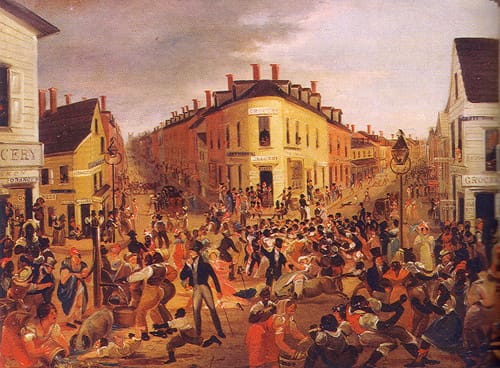 A 19th-century engraving of the Five Points: a crowded, chaotic intersection of brawls, peddlers, pigs, and Black and white residents in Lower Manhattan.