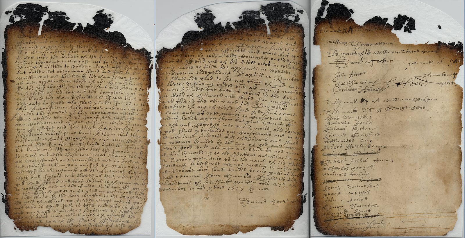 The aged, hand-written 1657 Flushing Remonstrance manuscript in iron-gall ink, the petition signed by about thirty residents of Flushing.