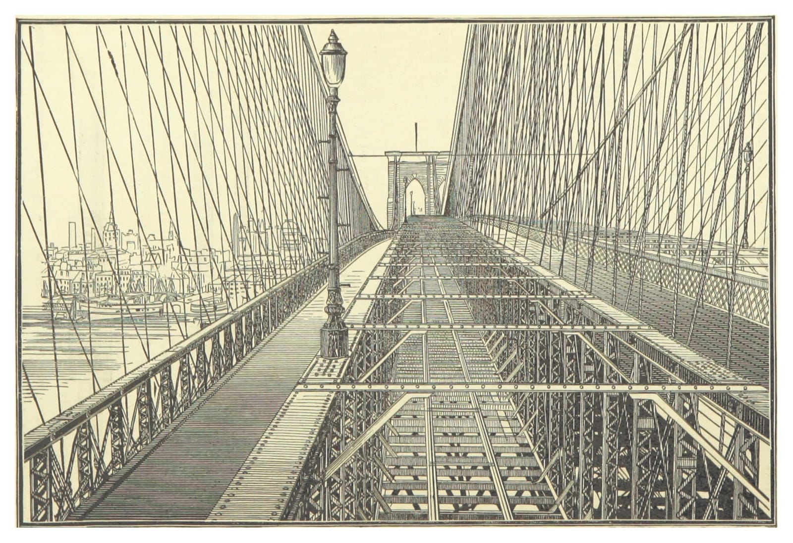 An 1883 engraving looking from the Brooklyn Bridge’s stone tower across the span toward Manhattan, showing the roadway and the raised central walkway.