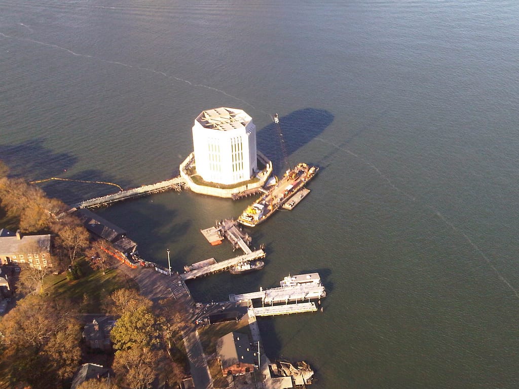 Aerial view of pumping equipment on Governors Island draining floodwater from the Brooklyn-Battery Tunnel after Hurricane Sandy.