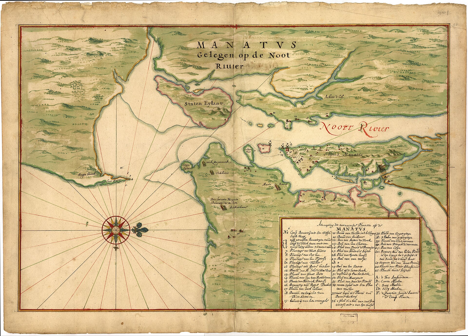 A hand-colored 1639 Dutch map of Manhattan, Staten Island, and New York Harbor, with numbered farms and a key listing the plantations of New Netherland.