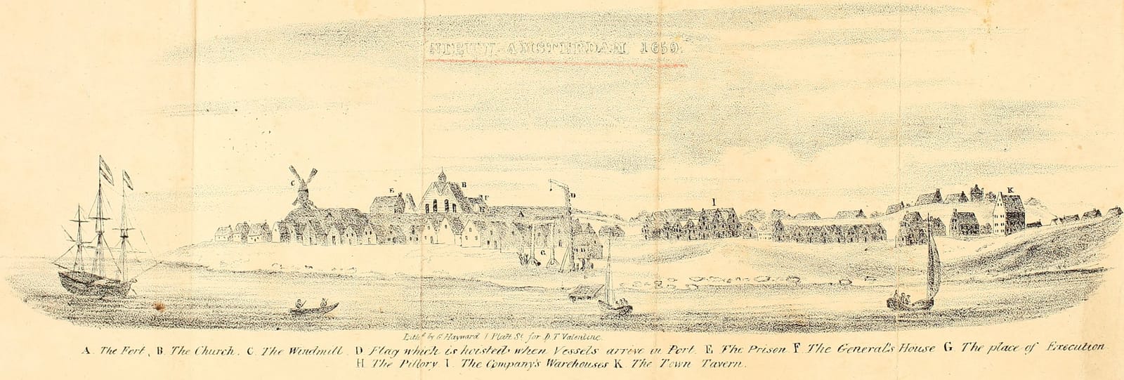 A 1664 Dutch watercolor of New Amsterdam: low houses, a windmill and fort, and sailing ships in the harbor at the southern tip of Manhattan.