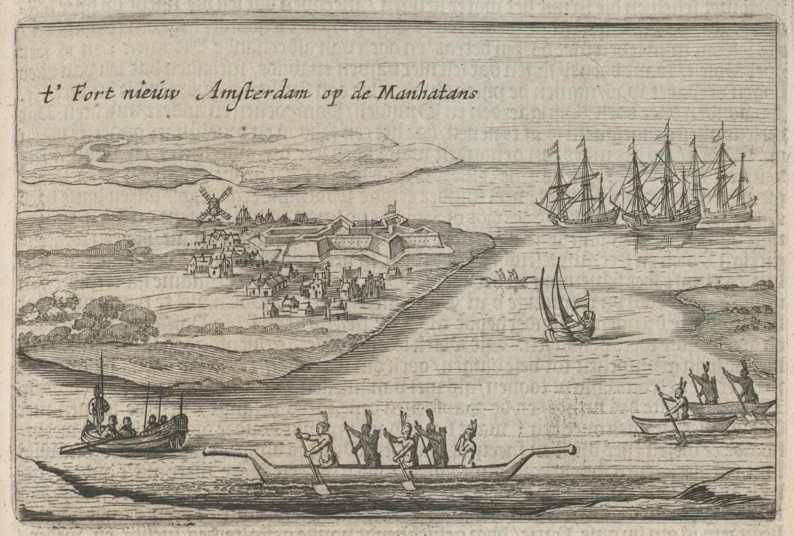 A 17th-century engraving of a low fort and small houses at the southern tip of Manhattan, with sailing ships and a Native canoe on the water.