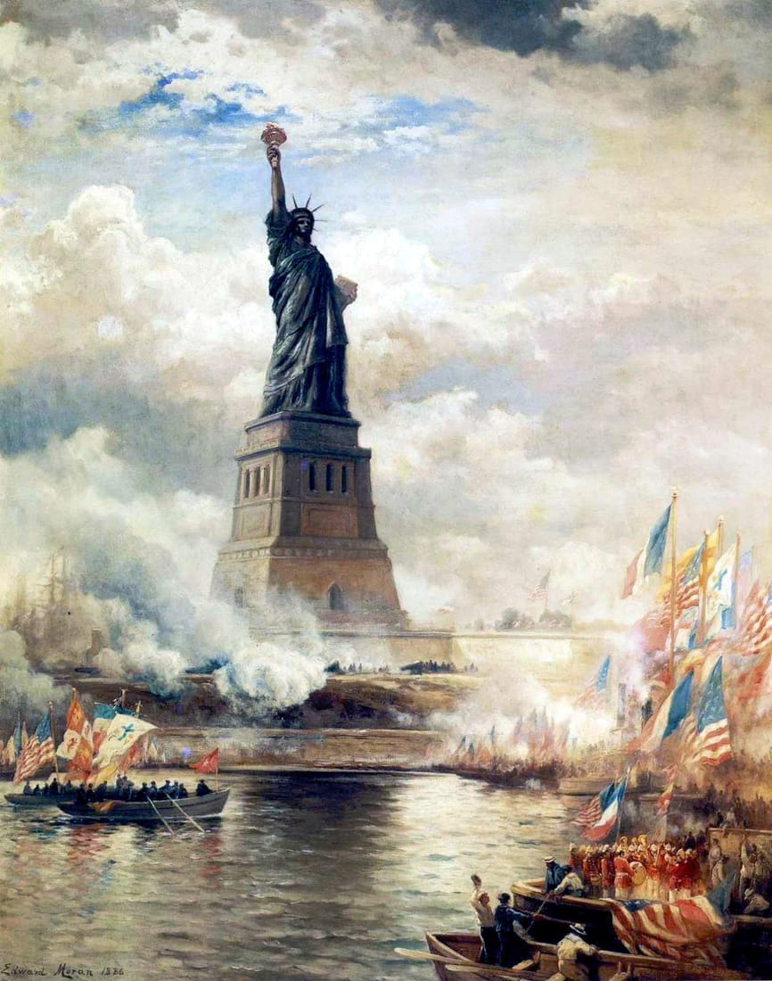 An 1886 painting of the Statue of Liberty’s dedication, the statue rising over a harbor full of boats and cannon smoke.