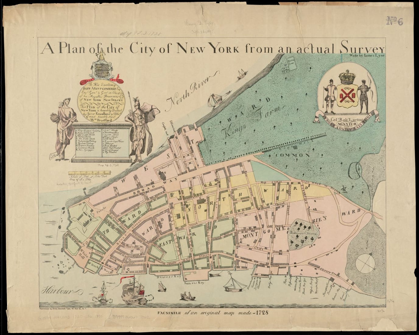 A hand-drawn plan of colonial New York City around 1730, showing the streets and waterfront of lower Manhattan a decade before the 1741 trials.