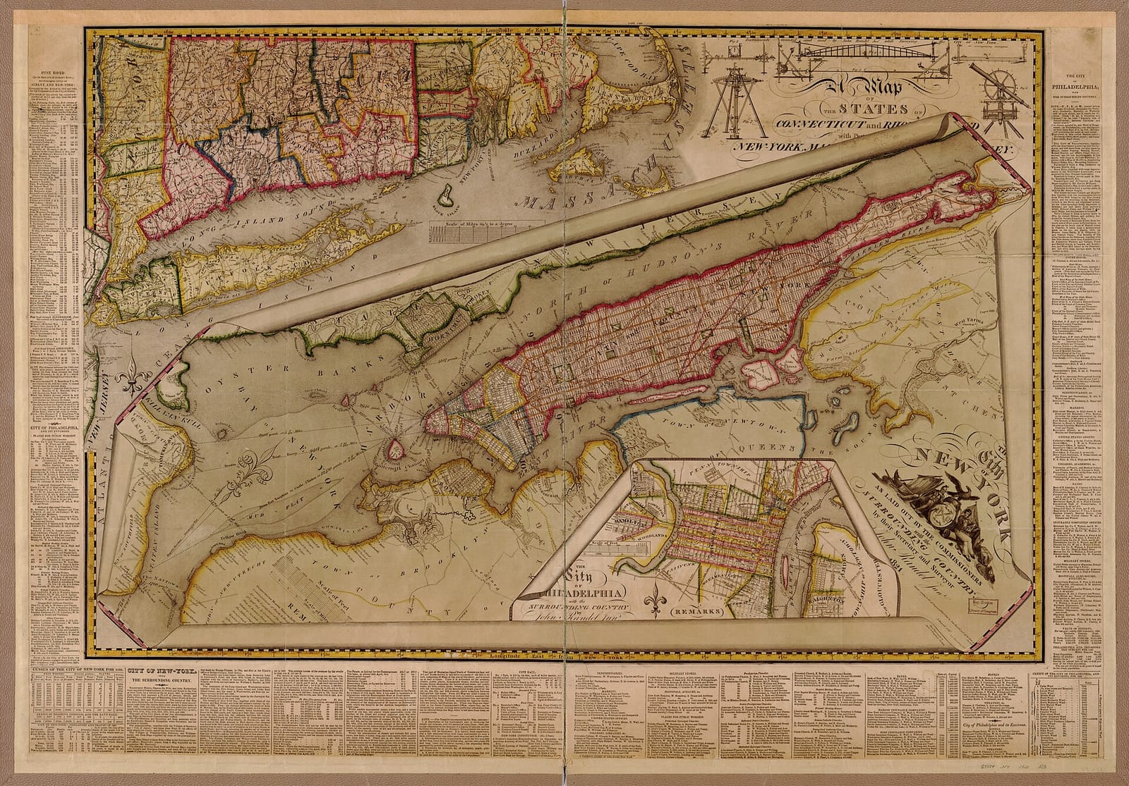 An 1821 engraved map of Manhattan showing the rectangular street grid of numbered avenues and cross streets laid out by the Commissioners’ Plan of 1811.