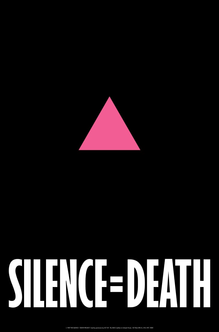 An inverted pink triangle on a black background above the words SILENCE = DEATH, the emblem of 1980s AIDS activism.