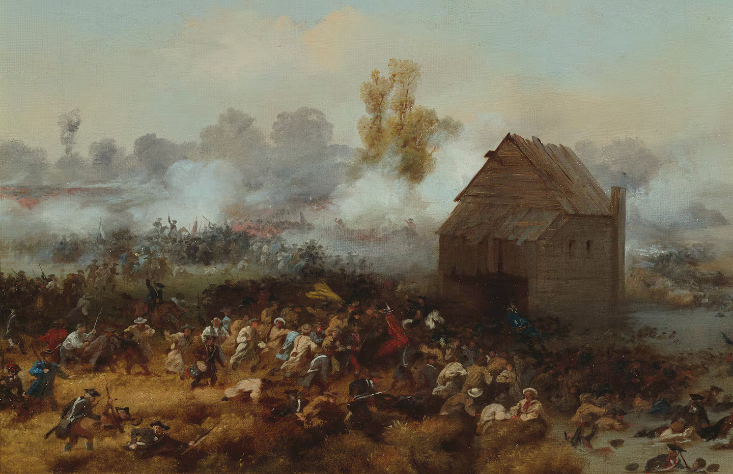 A 19th-century painting of Continental soldiers retreating across marshy ground past a wooden farm building while battle smoke rises along the ridge behind them.