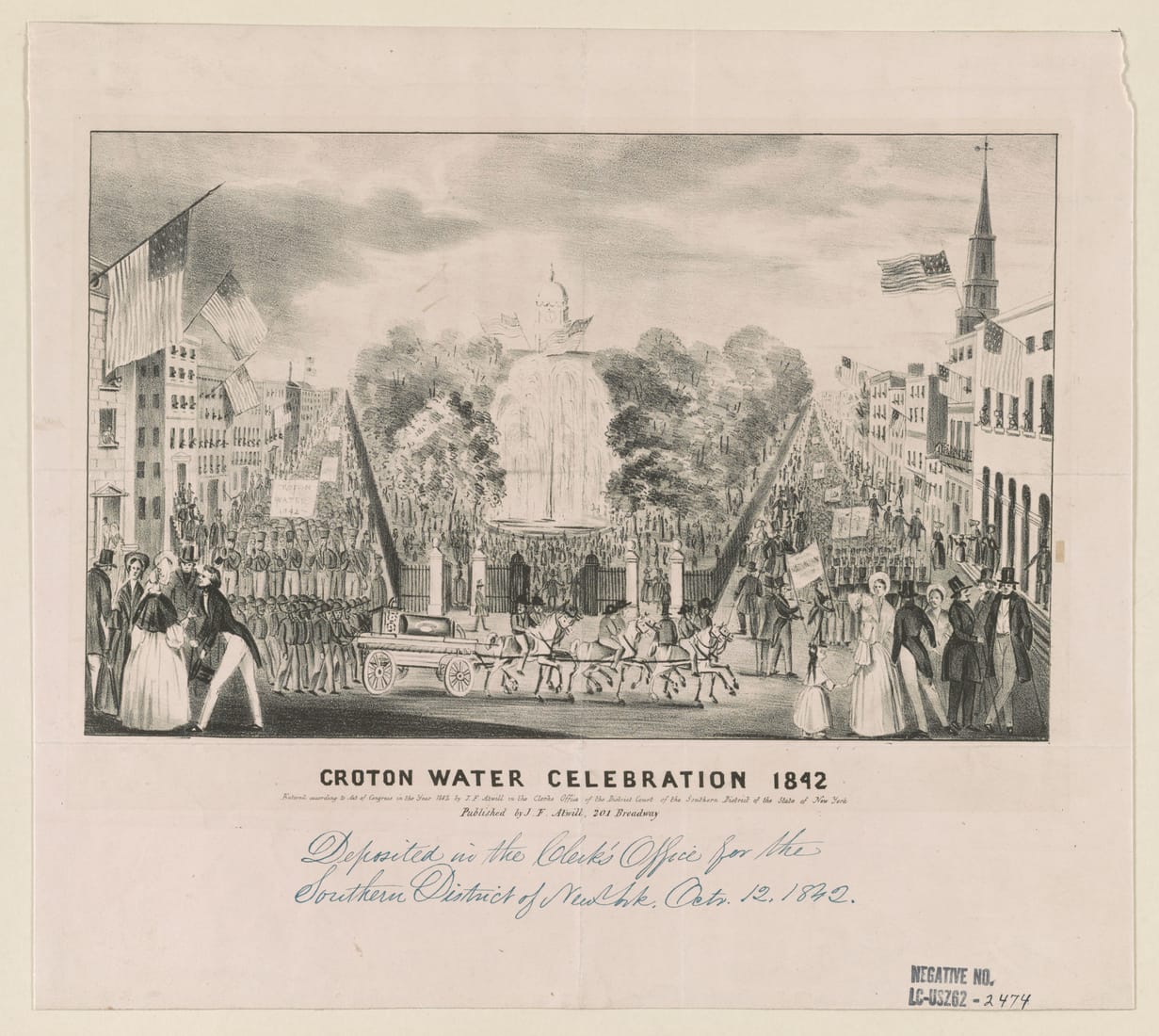 An 1842 print of the Croton Water Celebration: a long parade of marchers and banners through Lower Manhattan honoring the arrival of clean water.