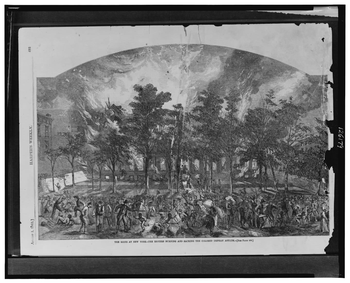 An 1863 wood engraving of a crowd storming and setting fire to the Colored Orphan Asylum during the New York City Draft Riots.