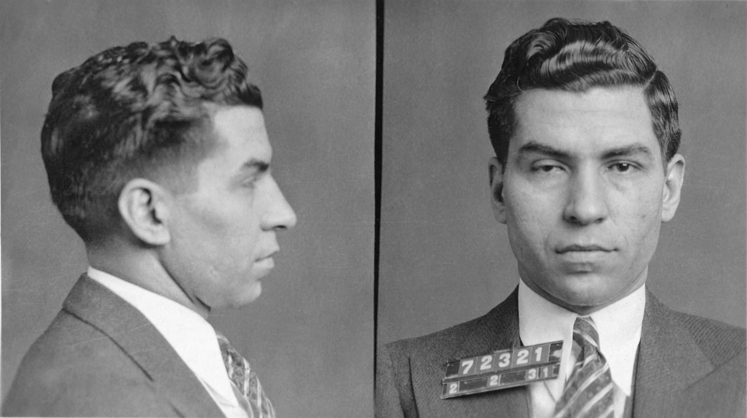 The 1931 police mugshot of Charles "Lucky" Luciano, front and side profile, in jacket and tie.