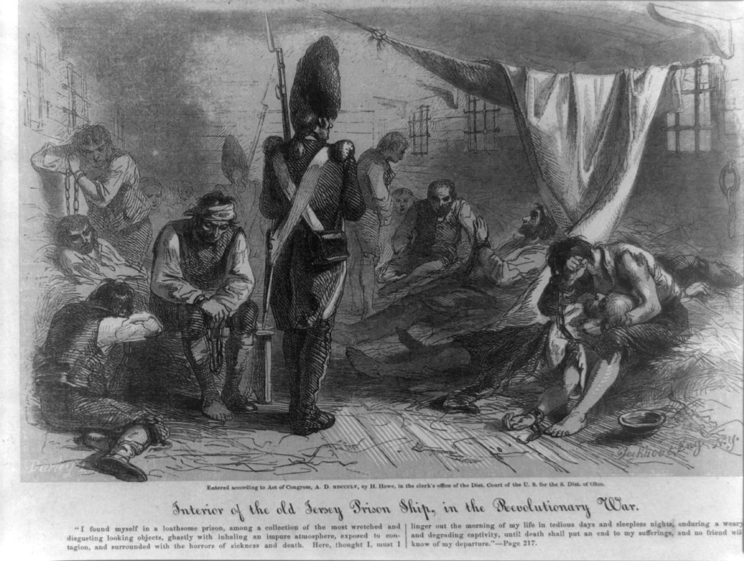 A 19th-century engraving of emaciated American prisoners crowded in the dim, foul hold of the British prison ship HMS Jersey.