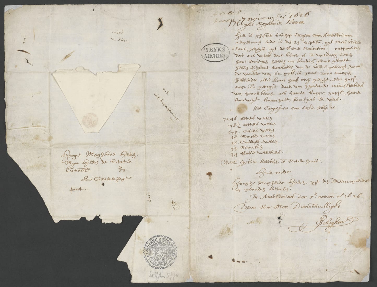 A handwritten 1626 Dutch letter reporting the purchase of Manhattan for 60 guilders and listing a cargo of beaver pelts.