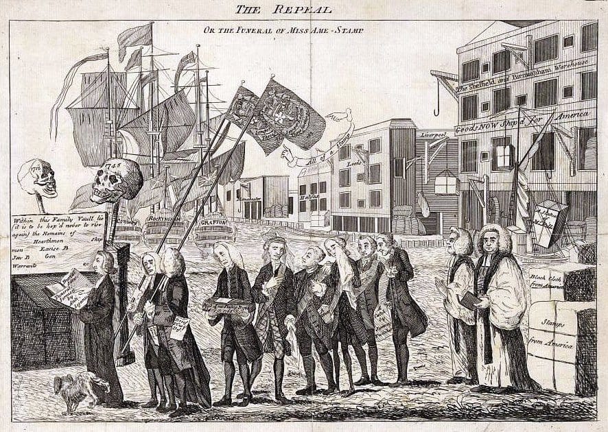 A 1766 engraving of a satirical funeral procession on a riverbank, men in 18th-century dress carrying a small coffin representing the repealed Stamp Act.