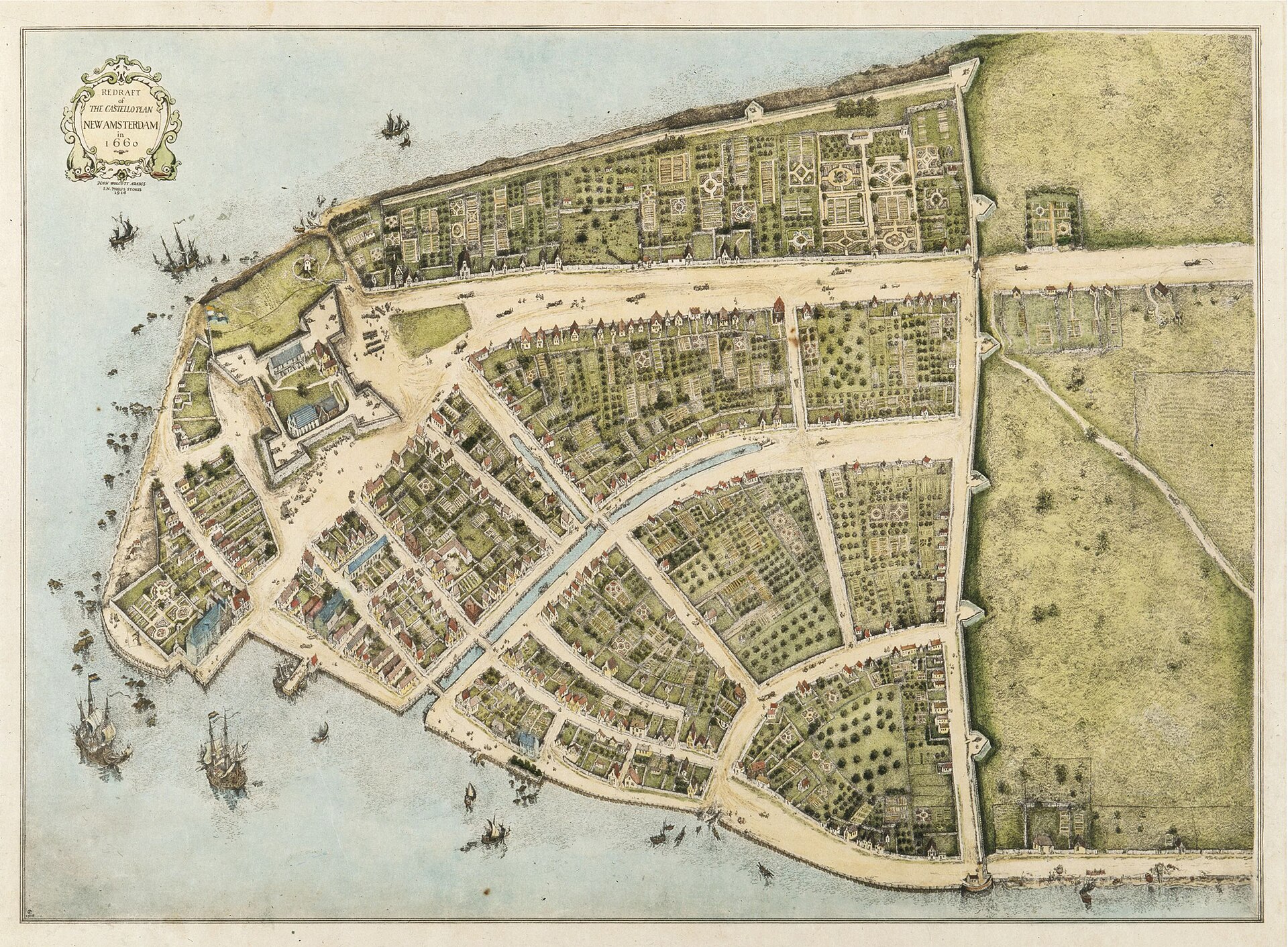 A redrawn 1660 map of New Amsterdam showing streets, houses, gardens, the fort, and the defensive wall with bastions crossing the island.