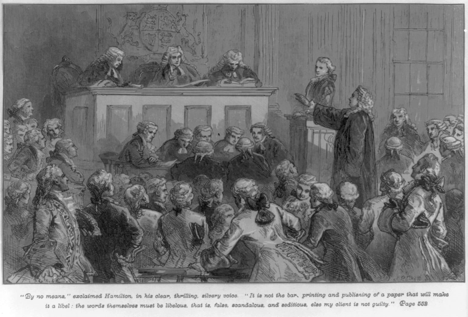 An engraving of a colonial courtroom as lawyer Andrew Hamilton addresses the bench at the 1735 Zenger trial.