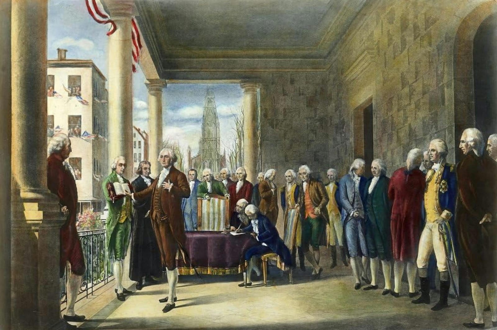 George Washington, hand on the Bible, taking the first presidential oath on the balcony of Federal Hall above a crowd on Wall Street in 1789.
