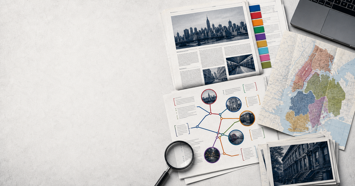 Editorial illustration of the method: newspapers and a borough map on a desk, with a story-cluster diagram connecting photographs of the city along subway-colored lines.